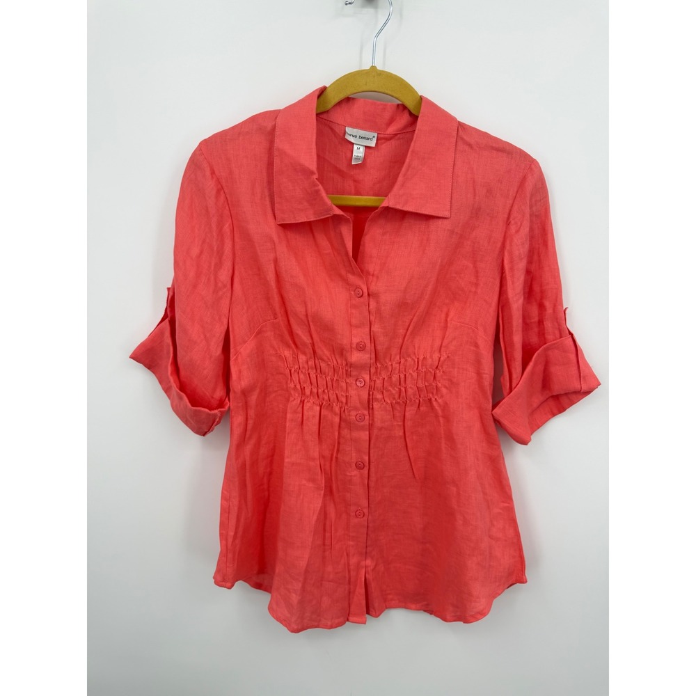 Harve Benard Smocked Waist Linen Blouse Womens Size Medium Coral Pink Roll Tab